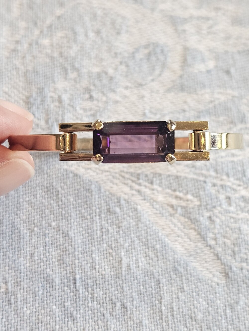 Vintage Avon Small Gold Tone Faux Amethyst Plaza IV Cuff Bracelet Birthday NOS